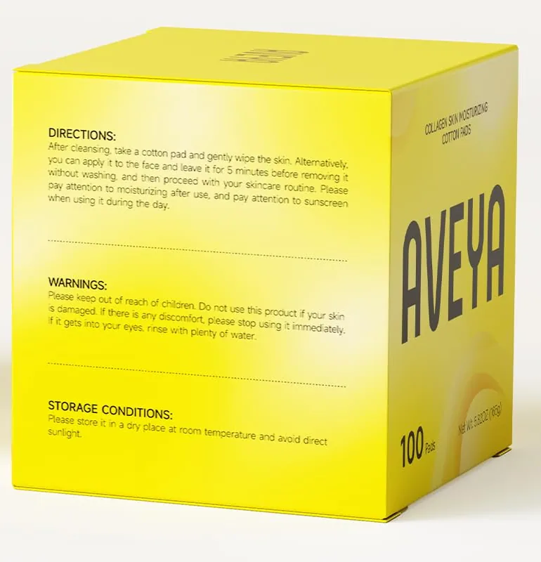 The side of the AVEYA toner pads box with directions, warnings and storage conditions