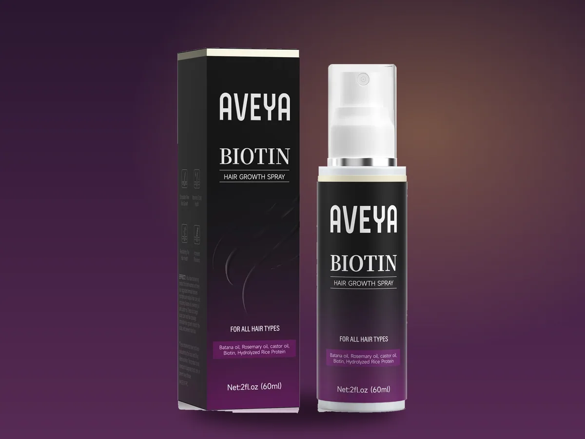 The AVEYA Biotin Hair Growth Spray box and bottle