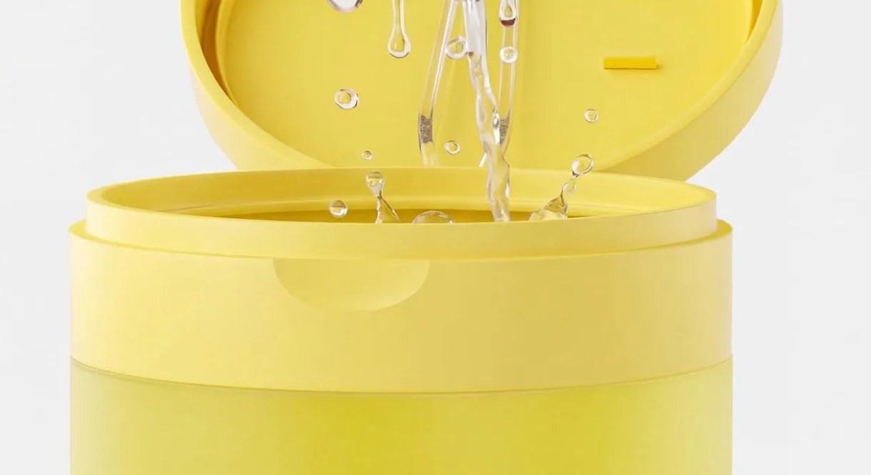 Essence dripping into the open yellow jar of AVEYA toner pads