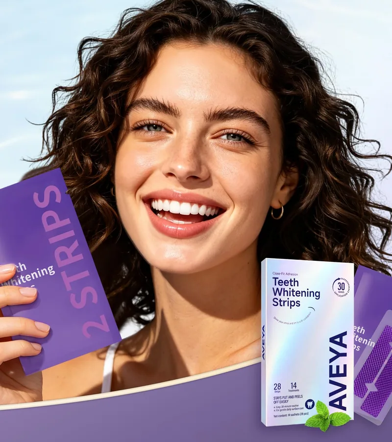 A smiling woman holding an AVEYA whitening strip sachet next to the box