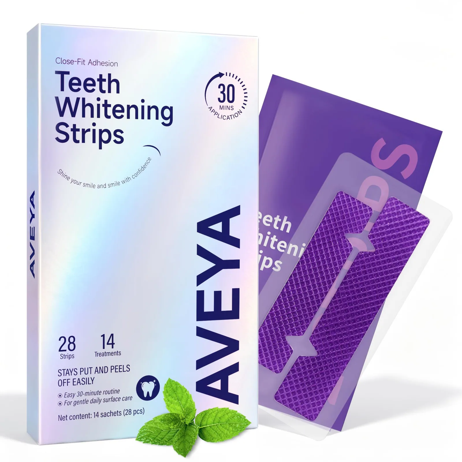 The AVEYA Teeth Whitening Strips box with a sachet and two purple strips